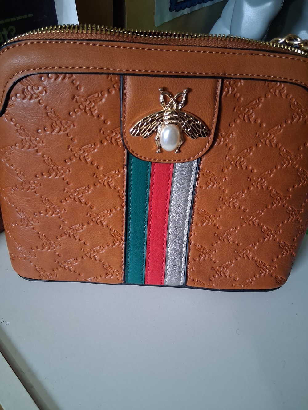 Tan Leatherette Crossbody Bag with Decorative Bee Accent